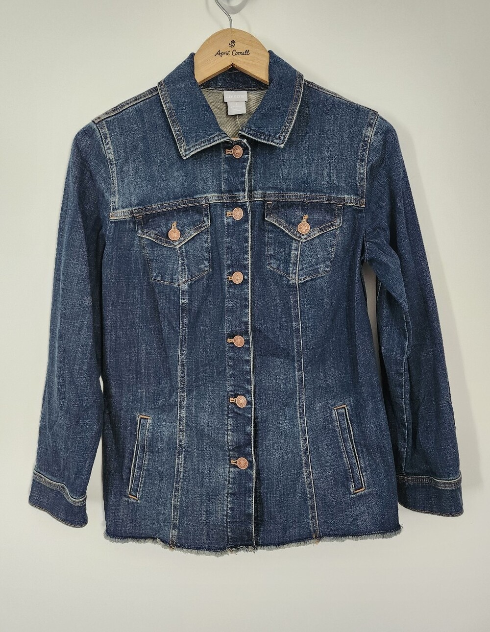 CHICO'S Women's Mid-Length Denim Boho Western Jean Jacket Size 1 (US 8/10) NWT